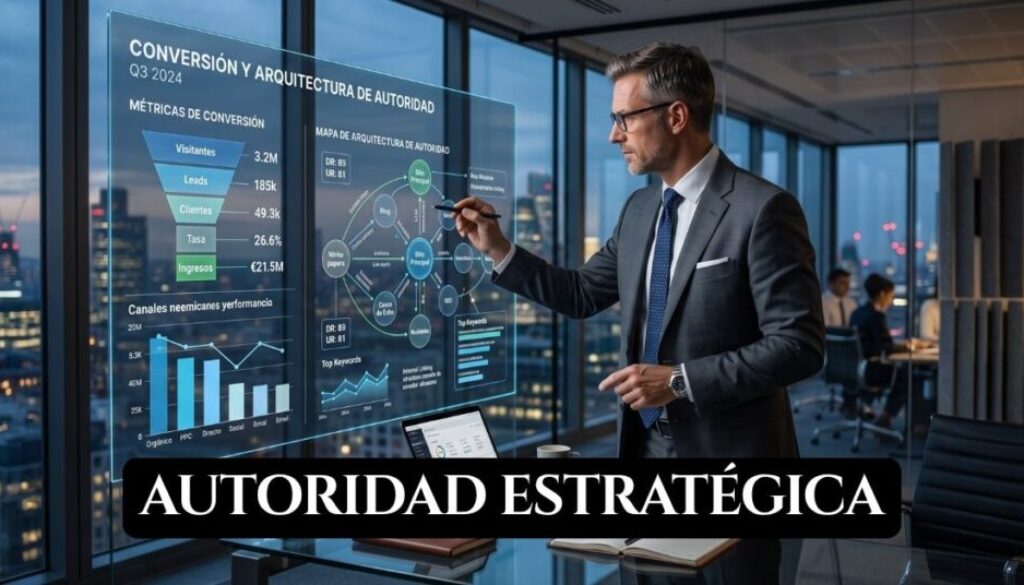 Ejecutivo analizando datos de conversión y arquitectura de autoridad en un entorno corporativo de alta precisión.