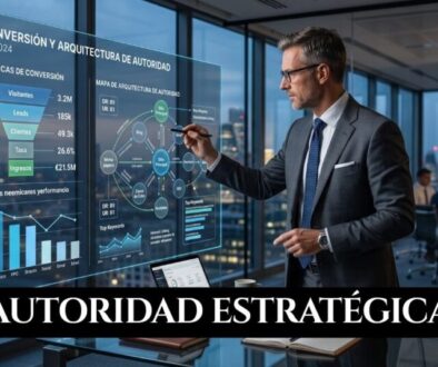 Ejecutivo analizando datos de conversión y arquitectura de autoridad en un entorno corporativo de alta precisión.