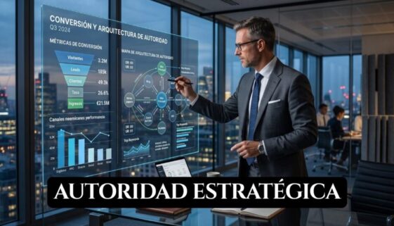 Ejecutivo analizando datos de conversión y arquitectura de autoridad en un entorno corporativo de alta precisión.