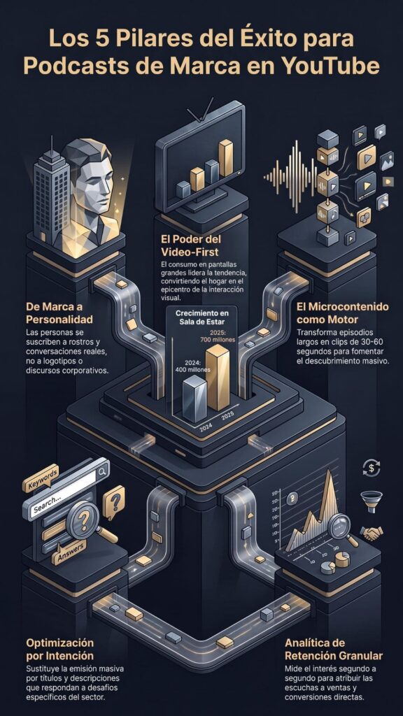 Diagrama isométrico tridimensional estilo Oracle/IBM que ilustra la arquitectura de integración de un podcast de consultoría en 5 módulos: host auténtico, video-first, microcontenido, optimización por intención y analítica de retención.